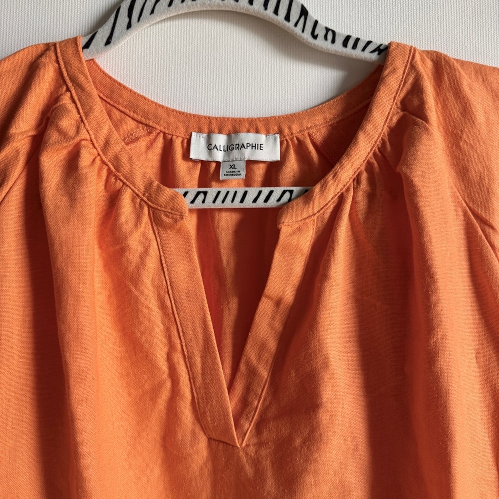 Calligraphie Orange Flutter Sleeve Split Neck Linen Blend Boho Top Size XL - Picture 3 of 4